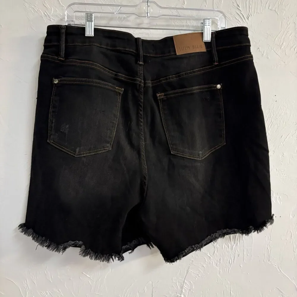 Judy Blue Los Angeles Women's Black Denim Cut-Off Fringe Hem Shorts Plus 2XL